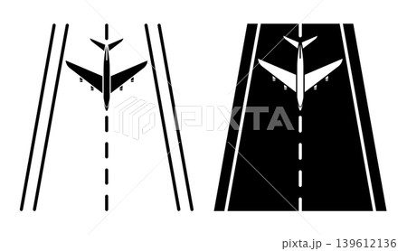 Linear icon. Airplane arriving from a flight at airport lands on runway. Simple black and white vector symbol isolated on white background 139612136