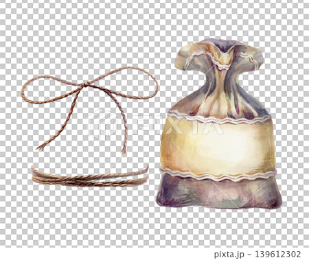 Herbal tea sachet bag and jute twine rope watercolor illustration. Fabric pouch with empty label, hemp string bow and cord for organic tea packaging, craft infusion branding, rustic drink decor Herbal tea sachet bag and jute twine rope watercolor illustration. Fabric pouch with empty label, hemp string bow and cord for organic tea packaging, craft infusion branding, rustic drink decor 139612302