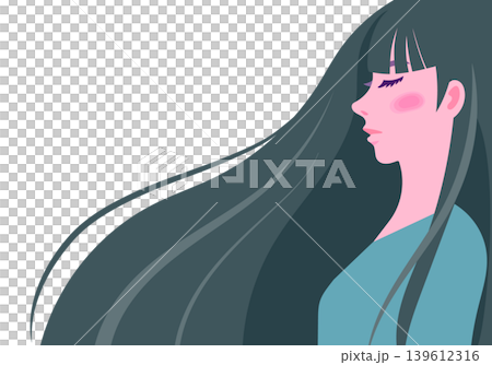 A close-up of a woman's profile with long hair blowing in the wind. 139612316