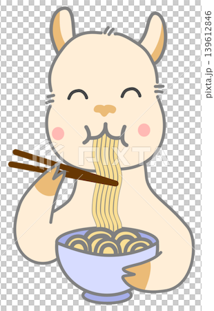 Cute Alpaca Character Eating Noodles with Chopsticks 139612846