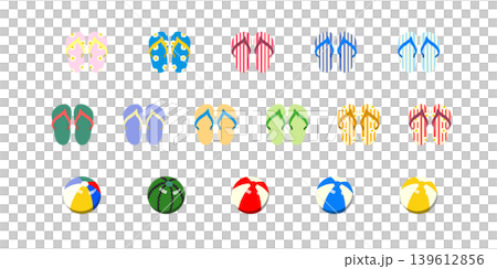 Colorful flip-flops and beach ball set. Summer, beach, pool illustration. 139612856