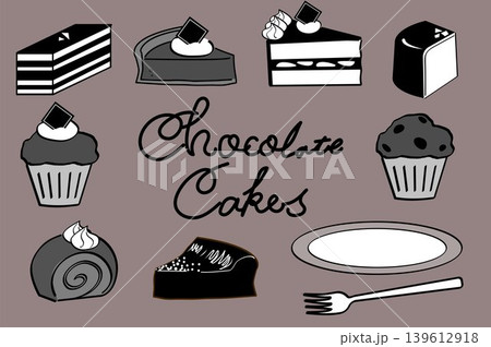 チョコレートスイーツのモノクロのシンプルイラストセット 139612918