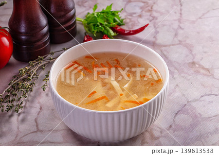 Clear chicken soup with noodles Clear chicken soup with noodles 139613538