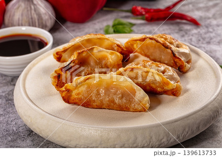 Fried gyoza dumplings on ceramic plate with soy sauce and fresh ingredients Fried gyoza dumplings on ceramic plate with soy sauce and fresh ingredients 139613733