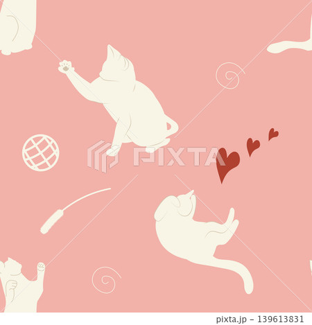 無邪気に遊ぶ猫のパターン 白猫_ピンク背景のイラスト素材 [139613831