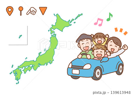 ドライブする家族と日本地図のイラストセット|レンタカー・旅行・ファミリー ドライブする家族と日本地図のイラストセット|レンタカー・旅行・ファミリー 139613948