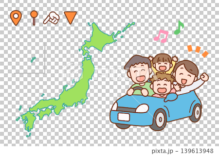 Illustration set of a family driving and a map of Japan | Rental cars, travel, family 139613948