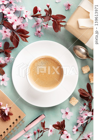 Spring Coffee Flat Lay with Blossoms, Gift and Notebook 139613971