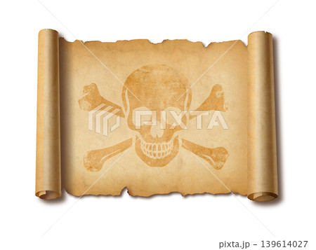 Pirate skull parchment scroll isolated on white 139614027