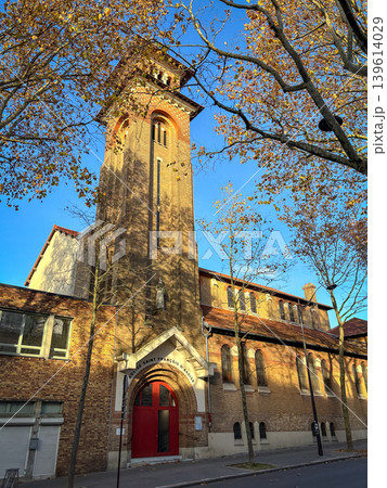Saint Francois Assise church tower in Paris France at sunset 139614029