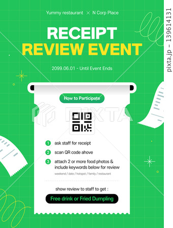 Restaurant Receipt Review Event Poster Template with QR Code and Green Grid Background 139614131