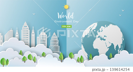 Poster campaign of world environment day,Background with eco city and globe on paper cut style 139614254