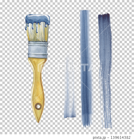 Watercolor paint brush with blue paint drips and textured brushstrokes. For art supply branding, creative workshop flyers, DIY home improvement blogs, and artistic background textures. Watercolor paint brush with blue paint drips and textured brushstrokes. For art supply branding, creative workshop flyers, DIY home improvement blogs, and artistic background textures. 139614382