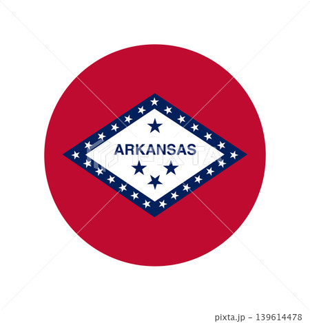 Arkansas flag sticker, icon in circle shape. Official colors and proportions. Round badge, button Flag of USA state Arkansas. State Arkansas circular flag banner, background. Arkansas flag sticker, icon in circle shape. Official colors and proportions. Round badge, button Flag of USA state Arkansas. State Arkansas circular flag banner, background. 139614478