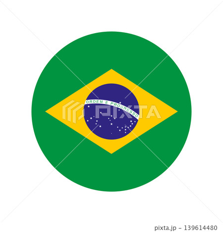 National flag of Brazil. Brazil flag circle icon, badge. Round background, sticker flag of Brazil. National Brazilian flag circular symbol, button, banner. Official colors and proportions. 139614480