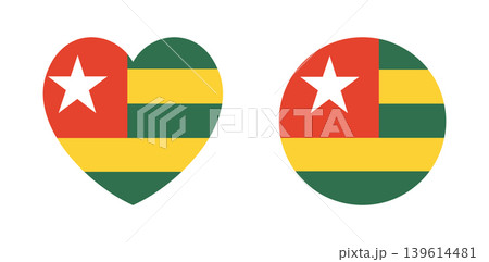 Flat of Togo circle, heart badge, sticker set. Togo flag round, heart button, banner, icon. National circular Togo flag country symbol, background. Flat of Togo circle, heart badge, sticker set. Togo flag round, heart button, banner, icon. National circular Togo flag country symbol, background. 139614481
