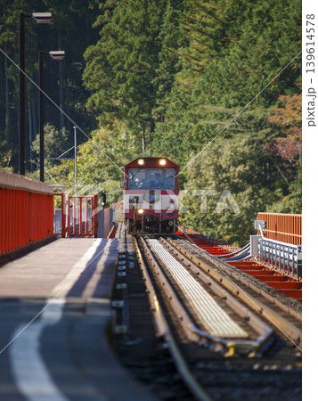奥大井湖上駅に入線するトロッコ列車 139614578