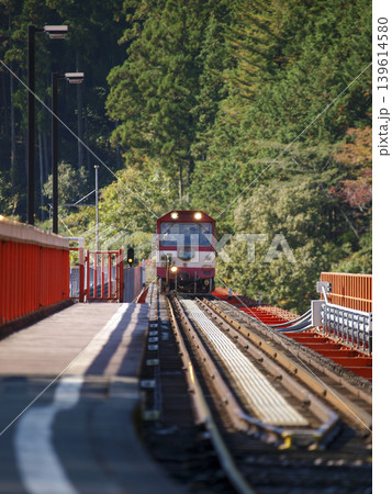 奥大井湖上駅に入線するトロッコ列車 139614580