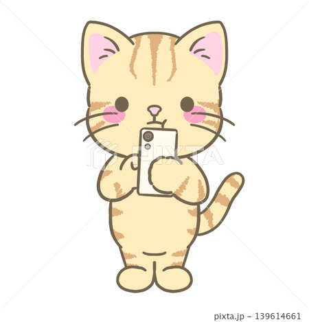 スマホを見ながら困るかわいい茶トラ猫キャラクター|検索中リアクションイラスト素材 スマホを見ながら困るかわいい茶トラ猫キャラクター|検索中リアクションイラスト素材 139614661