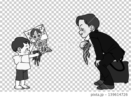 男孩送給父親向日葵和一幅畫像作為父親節禮物。 （黑白照片） 139614726