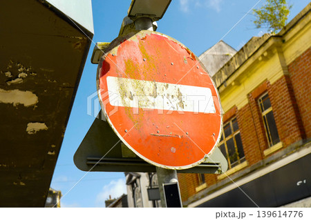 Assorted road signs being used in a UK town in 2026, some temporary some permanent. Including sign for diversions and walkways 139614776