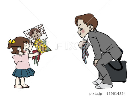 父の日に、ひまわりと似顔絵をお父さんに贈る女の子 139614824