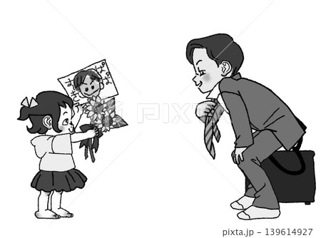 父の日に、ひまわりと似顔絵をお父さんに贈る女の子。モノクロ 139614927