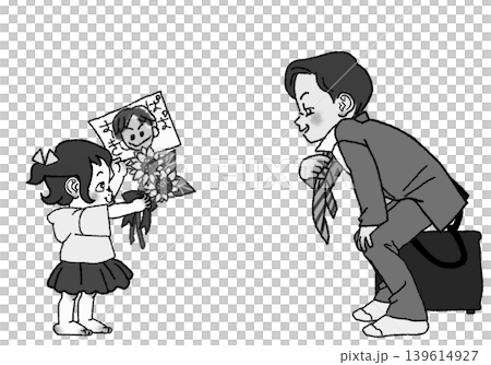 父の日に、ひまわりと似顔絵をお父さんに贈る女の子。モノクロ 139614927
