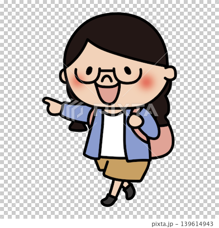 A girl with glasses and braided hair traveling with a backpack on her back. 139614943