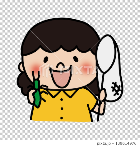 虫取りをするふわふわの天パの子供（女の子） 139614976