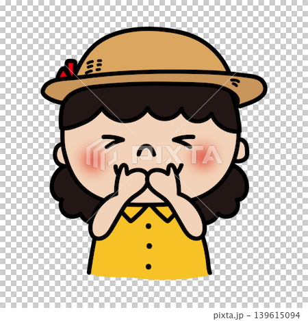 A fluffy, curly-haired child (girl) wearing a straw hat. A fluffy, curly-haired child (girl) wearing a straw hat. 139615094