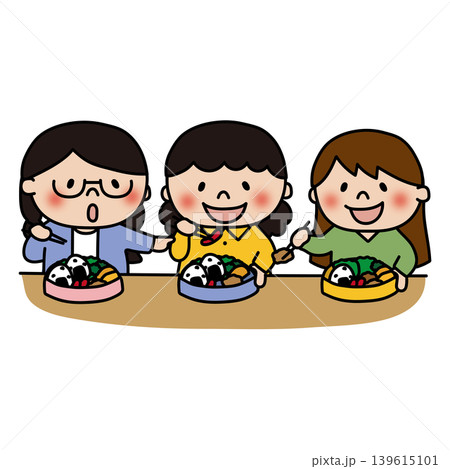 一緒にお弁当を食べる3人の子供(女の子) 一緒にお弁当を食べる3人の子供(女の子) 139615101
