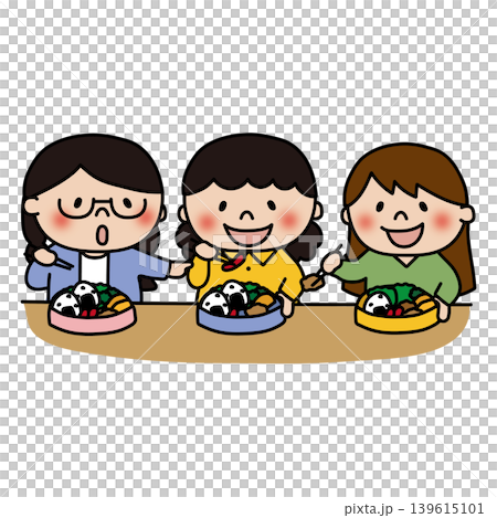 一緒にお弁当を食べる3人の子供(女の子) 一緒にお弁当を食べる3人の子供(女の子) 139615101