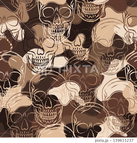 Brown camouflage pattern with human skulls. Contoured outline illustrations on overlapping irregular patches. Random composition. For apparel, clothing, fabric, textile, sport design 139615237