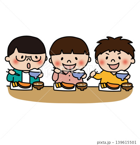 一緒に和定食のご飯を食べる子供(男の子) 一緒に和定食のご飯を食べる子供(男の子) 139615501