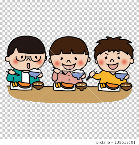 一緒に和定食のご飯を食べる子供(男の子) 一緒に和定食のご飯を食べる子供(男の子) 139615501