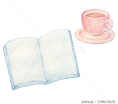 開いた本とコーヒー 水彩イラスト 開いた本とコーヒー 水彩イラスト 139615628