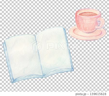開いた本とコーヒー 水彩イラスト 開いた本とコーヒー 水彩イラスト 139615628