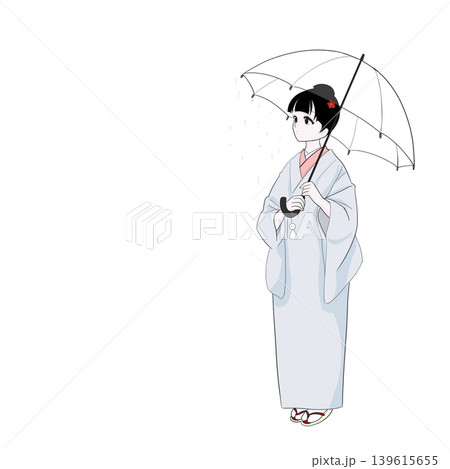 雨空を眺める着物女性　雨の日イメージ 139615655