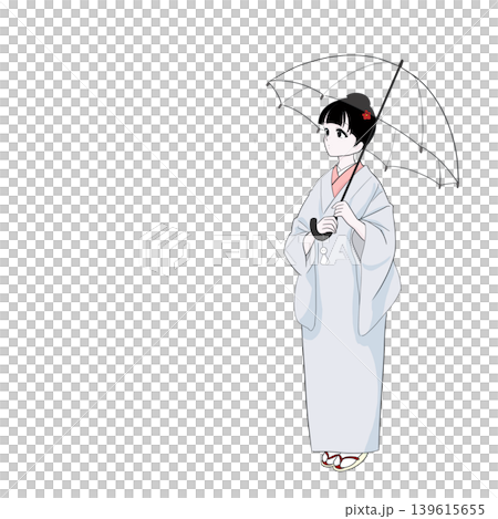 雨空を眺める着物女性　雨の日イメージ 139615655