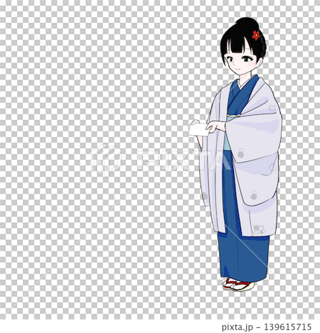 身穿和服的女子遞出一張卡片；斜角構圖。 139615715
