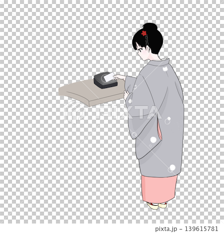 一位穿著和服的女士指導使用者使用非接觸式支付系統（後面視圖）。 139615781