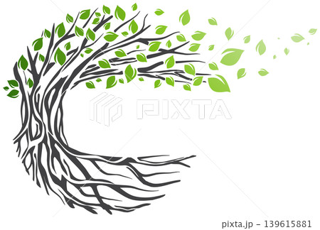 a tree with roots and leaves flying away in the wind 139615881