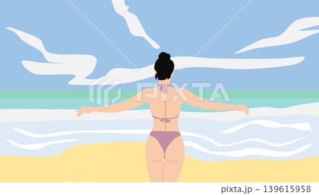 水着を着た女性が浜辺にいるイラスト 水着を着た女性が浜辺にいるイラスト 139615958