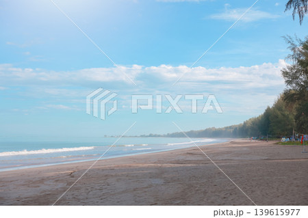 Beautiful serene tropical beach landscape with calm blue sea, white sand, and pine trees along the coast under a clear blue sky with soft clouds. Perfect peaceful summer vacation getaway background. 139615977