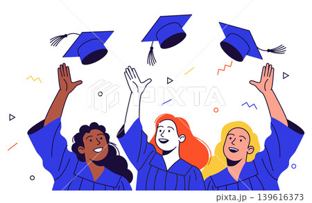 Diverse Graduates Throwing Caps in Blue 139616373