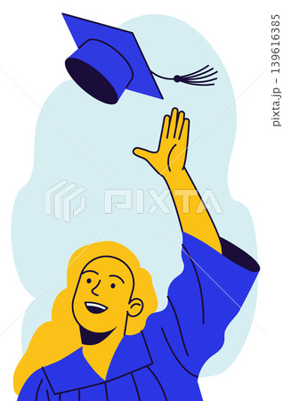 Graduate Catching Blue Cap in Blue Gown Graduate Catching Blue Cap in Blue Gown 139616385
