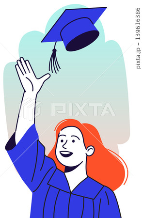 Graduate Catching Blue Cap in Blue Gown Graduate Catching Blue Cap in Blue Gown 139616386