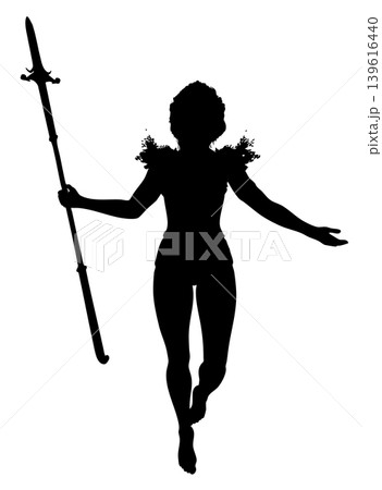 Silhouette of Warrior Woman Holding Spear in Motion Silhouette of Warrior Woman Holding Spear in Motion 139616440