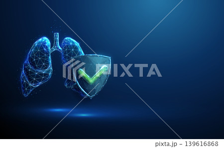 3D blue human lungs and shield with green tick. Lung wellness, respiratory protection, healthcare safety, pulmonary care, oxygen flow, breathing approval concept 3D blue human lungs and shield with green tick. Lung wellness, respiratory protection, healthcare safety, pulmonary care, oxygen flow, breathing approval concept 139616868